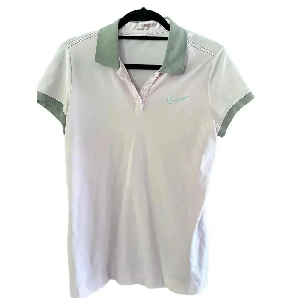Nike Golf Dri-Fit Pink White Short Sleeve Button Up Polo Shirt Size Medium